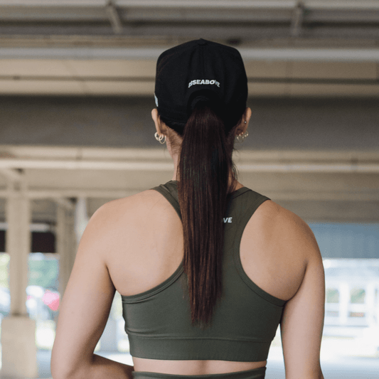 WOMEN'S GENESIS SPORTS BRA - ARMY GREEN - Riseabove Apparel Inc