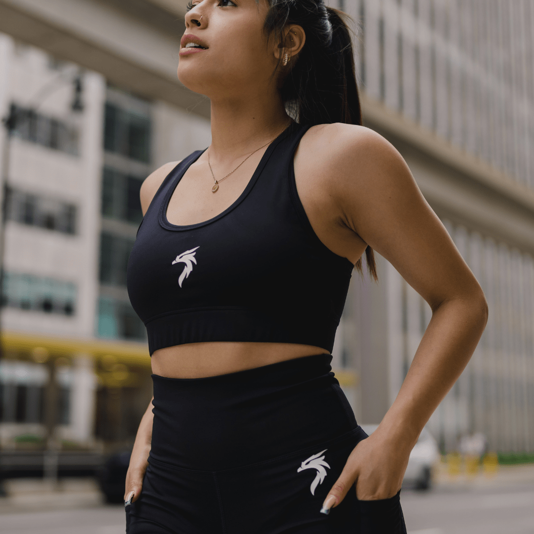 WOMEN'S GENESIS SPORTS BRA - BLACK - Riseabove Apparel Inc